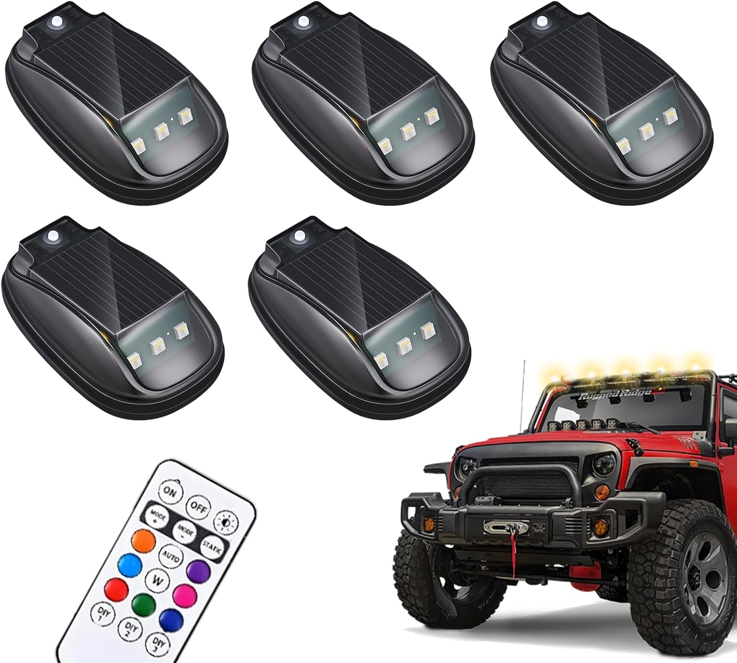 DDRIC 2/4/5PCS Solar Cab Lights for Truck, 2026 Solar Car Roof RGB Strobe Light with Remote, Wireless No-Drill Solar Cab Lights, Vibration-Resistant, for Truck SUV RV Pickup (5pcs)