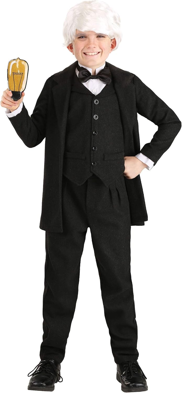 Thomas Edison Costume For Kids, Inventor Suit with Jacket, Pants, Light Bulb Prop, And Vest With Attached Collar And Bowtie