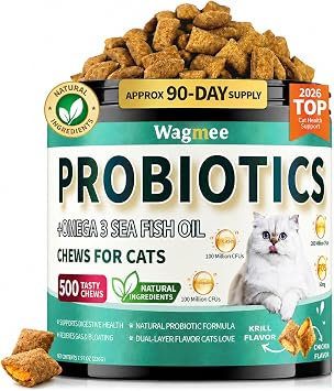 Cat Probiotics Chews 500 Count, Omega 3 Fish Oil Skin Coat Gut Support | Cat Probiotic Chews Crunchy Creamy with Fish Oil Omega 3 Support Digestion, Healthy Stool, Skin and Coat Wellness for Cat