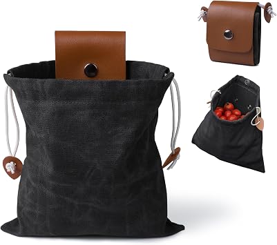 Foraging Bag, Outdoor Picking Fruit Bags, Waxed Canvas Foraging Pouch, Foldable Leather Belt Pouch with Drawstring Multi-Purpose Picking Bag for Camping, Shells, Treasures, Travel, Hiking
