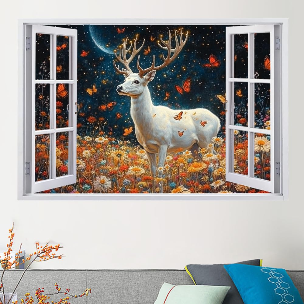 3D Wandtattoo I Wandbild Hirschblumenschmetterling Wandaufkleber I Wandsticker Durchbruch Mondnachtansicht Poster Fensterblick I Wand Deko Aufkleber für Wohnzimmer Schlafzimmer Küche Türaufkleber