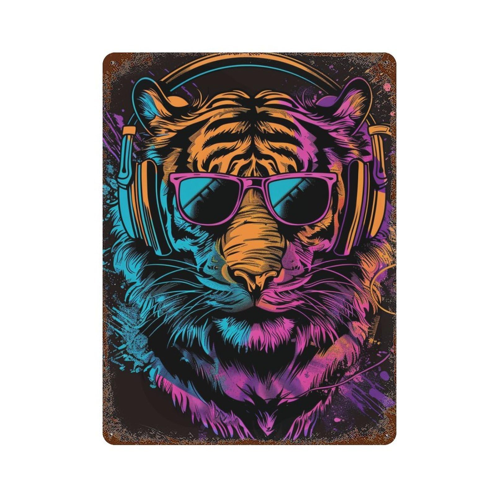 Garage Style Vibrant Tiger Headphones Art Print -2 Rusty Metal Tin Sign 15.7"x11.8", Classic Wall Plaque for Bar And Workshop