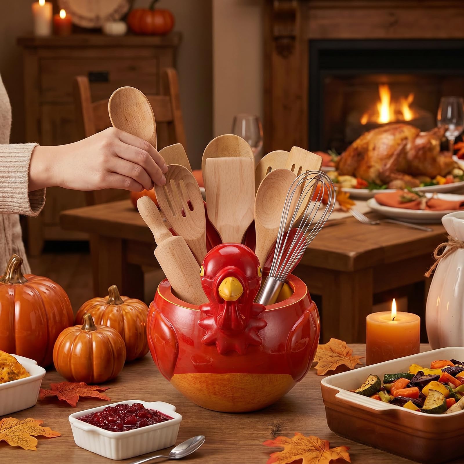 Hushee Portautensili autunnale blu e bianco a forma di zucca in stile cineserie con volute, per raccolto autunnale, Ringraziamento, casa, cucina, piano di lavoro, contenitore portaoggetti (tacchino