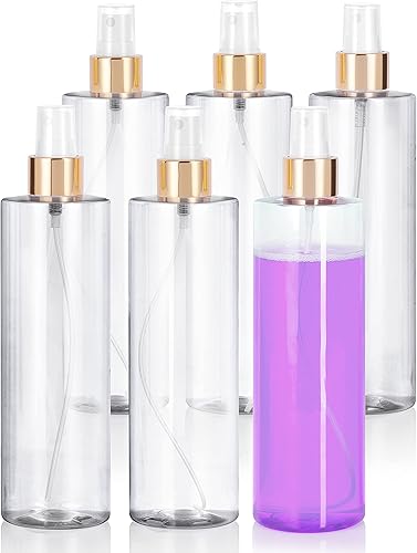 JUVITUS Botellas de plástico PET cilíndricas profesionales transparentes de 12 onzas (sin BPA) (paquete de 6, rociador de niebla fina dorado)