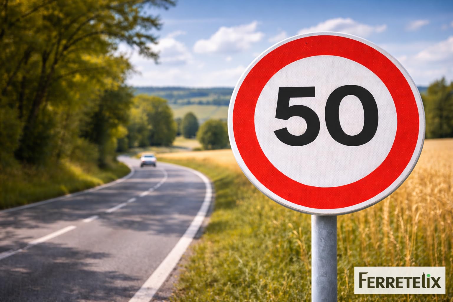 FERRETELIX® Señal de Tráfico Metálica Homologada R-301 | Velocidad Máxima 50 km/h | Tipo MOPU | Reflectante Nivel 1 | Uso Profesional en Vías y Entornos Urbanos