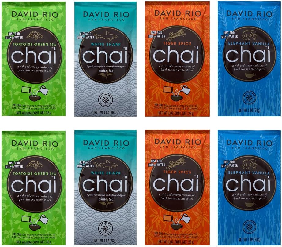 David Rio Chai Tea Mix Single Serve Sampler Pack - 2 Tortoise Green, 2 White Shark, 2 Elephant Vanilla, 2 Tiger Spice