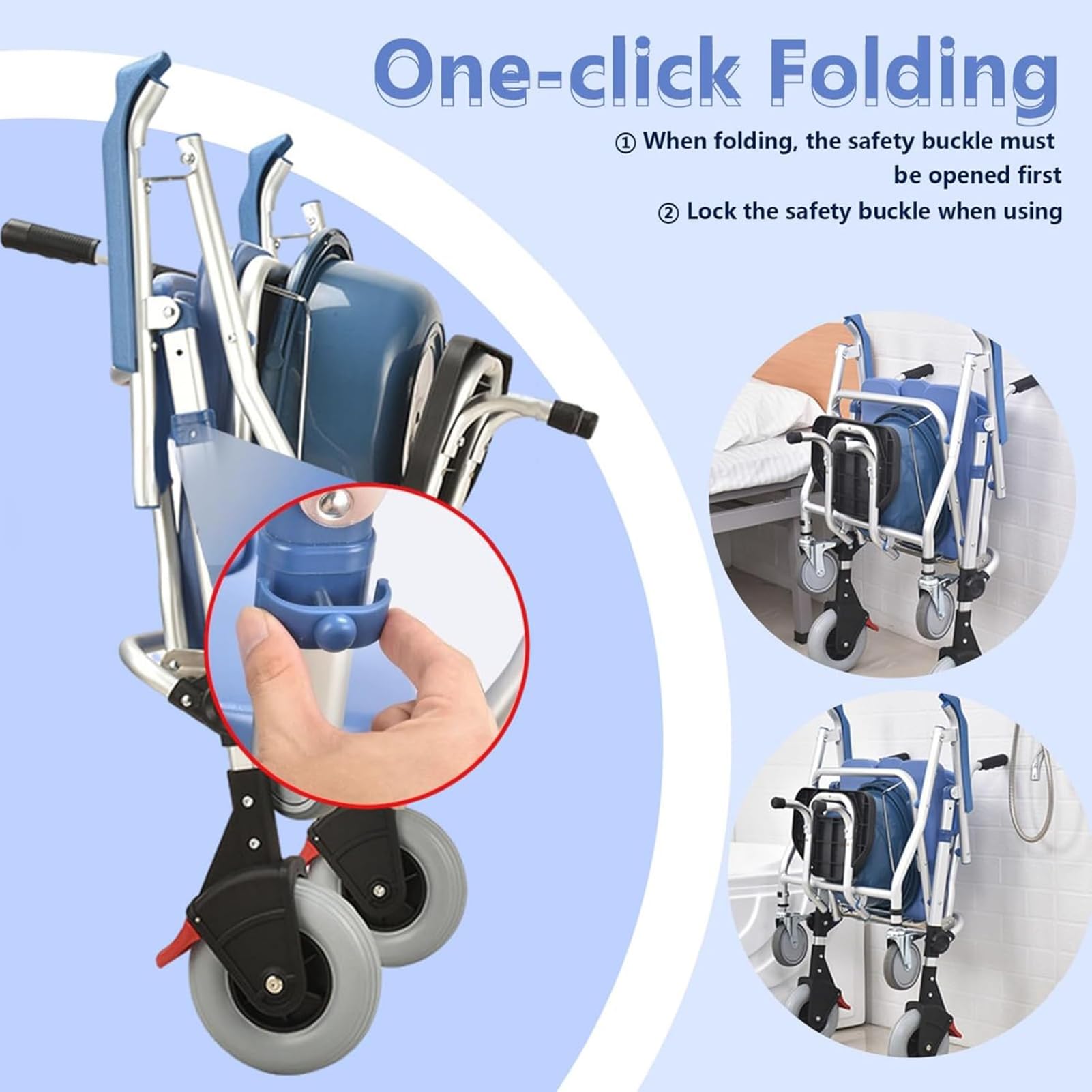 Silla de ducha para ancianos con ruedas, silla plegable con reposabrazos y reposapiés, diseño portátil, capacidad de peso de 120 kg, ideal para baño y mesita de noche