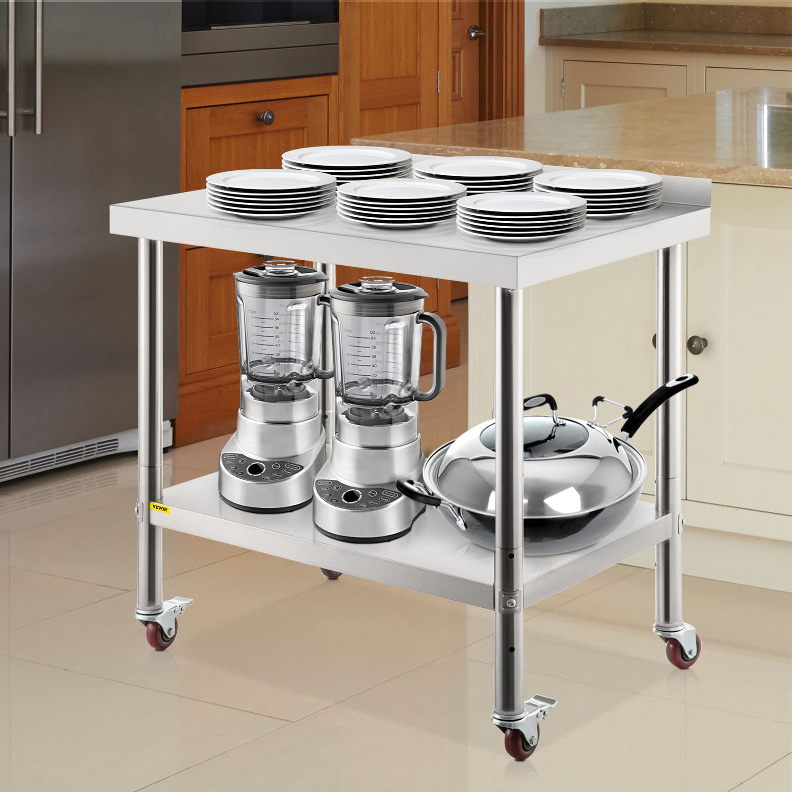 VEVOR Stainless Steel Prep Table, 30 x 24 x 35 Inch, 440lbs Load Capacity Heavy Duty Metal Worktable with Backsplash Adjustable Undershelf & 4 Casters, Commercial Workstation for Kitchen Restaurant