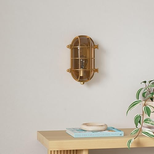 Miniatura 2 de Sunluck Luz de mamparo de latón puro, lámpara de pared náutica ovalada de rejilla, pantalla de latón, luz de montaje en techo, luz de sauna de latón