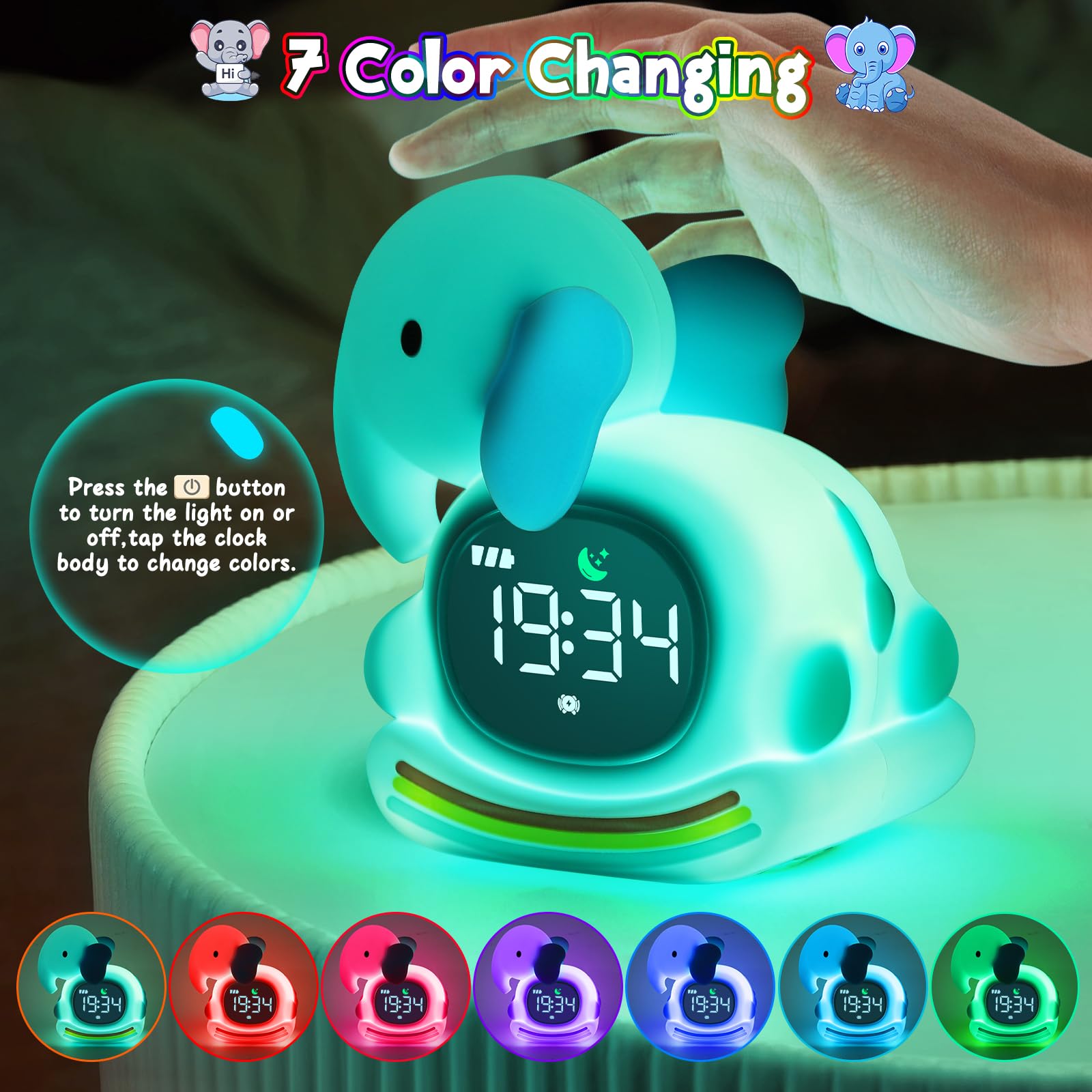 Réveil éléphant avec veilleuse pour enfants, réveil d'entraînement au sommeil pour tout-petits filles et garçons, horloge pour chambre à coucher, réveil pour enfants, rechargeable, RVB, idée cadeau