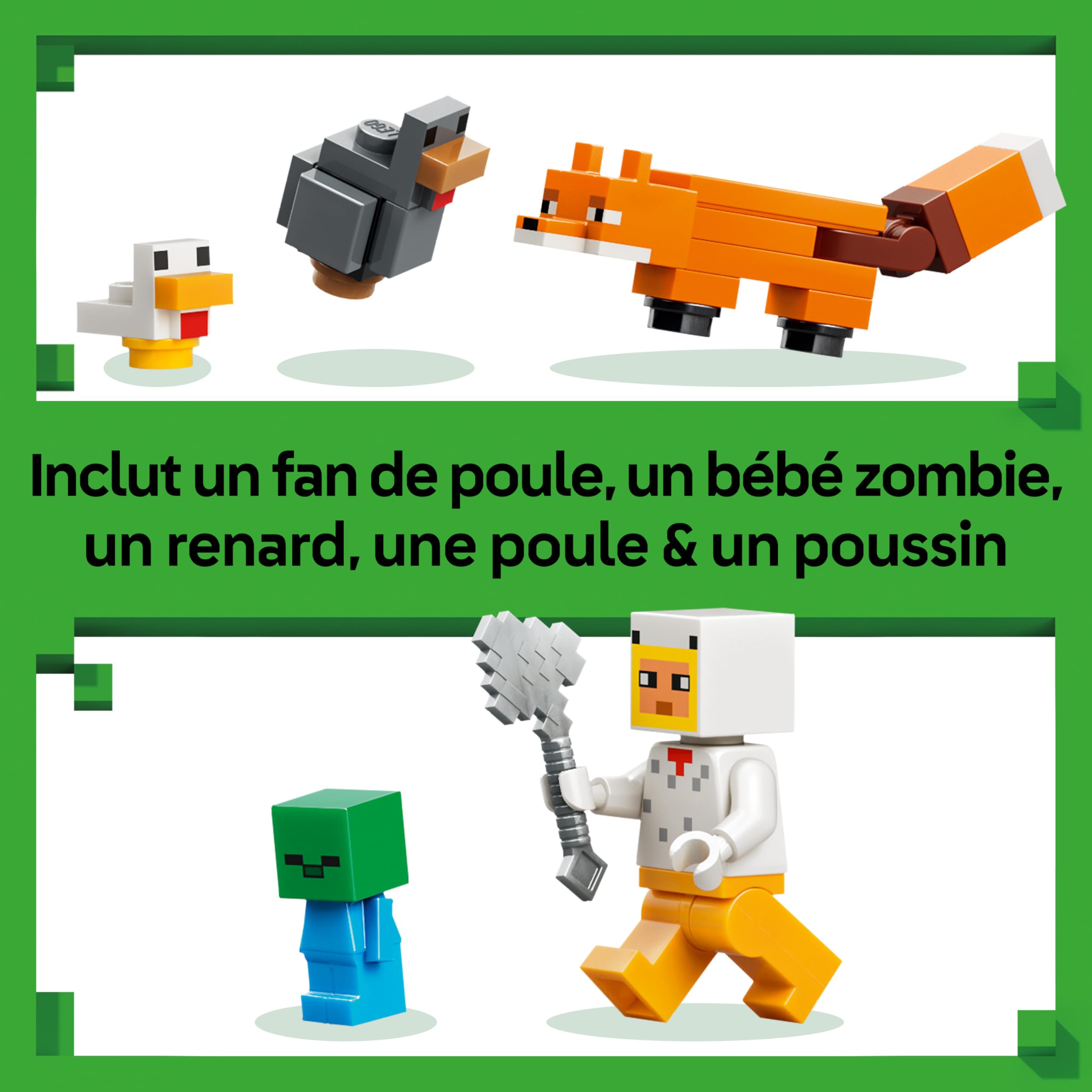 LEGO Minecraft La Ferme à Poulet - Jouet de Construction avec Minifigurine de Fan de Poule, Figurines Mobs de Bébé Zombie & Renard - Cadeau Gaming pour Fille ou Garçon dès 7 Ans 21585