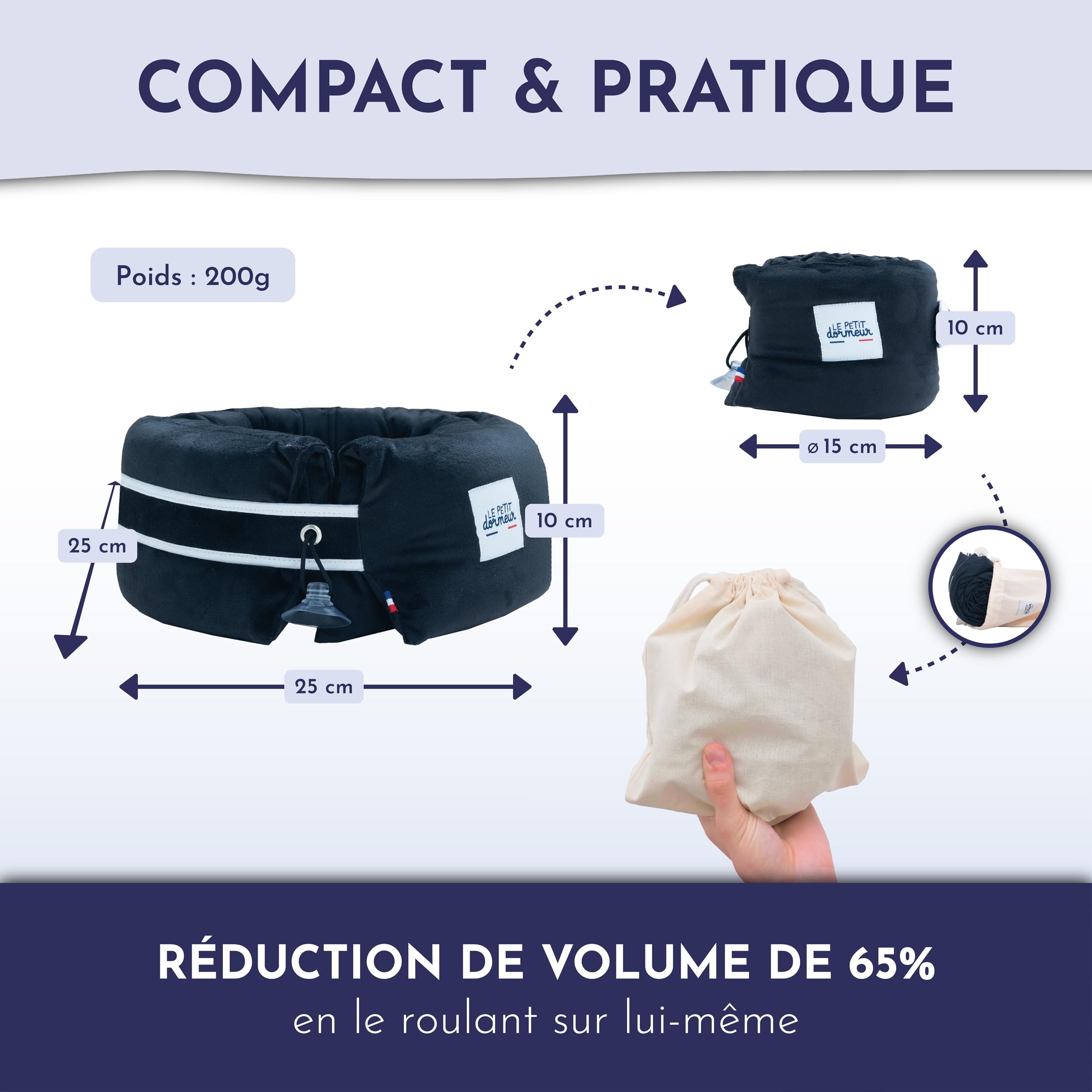 Coussin de Voyage Coussin Avion Ergonomique 3 en 1 - Oreiller de Voyage Ultra Confort - Pratique & Compact - Fabriqué en France - Lavable en Machine - Velours Noir