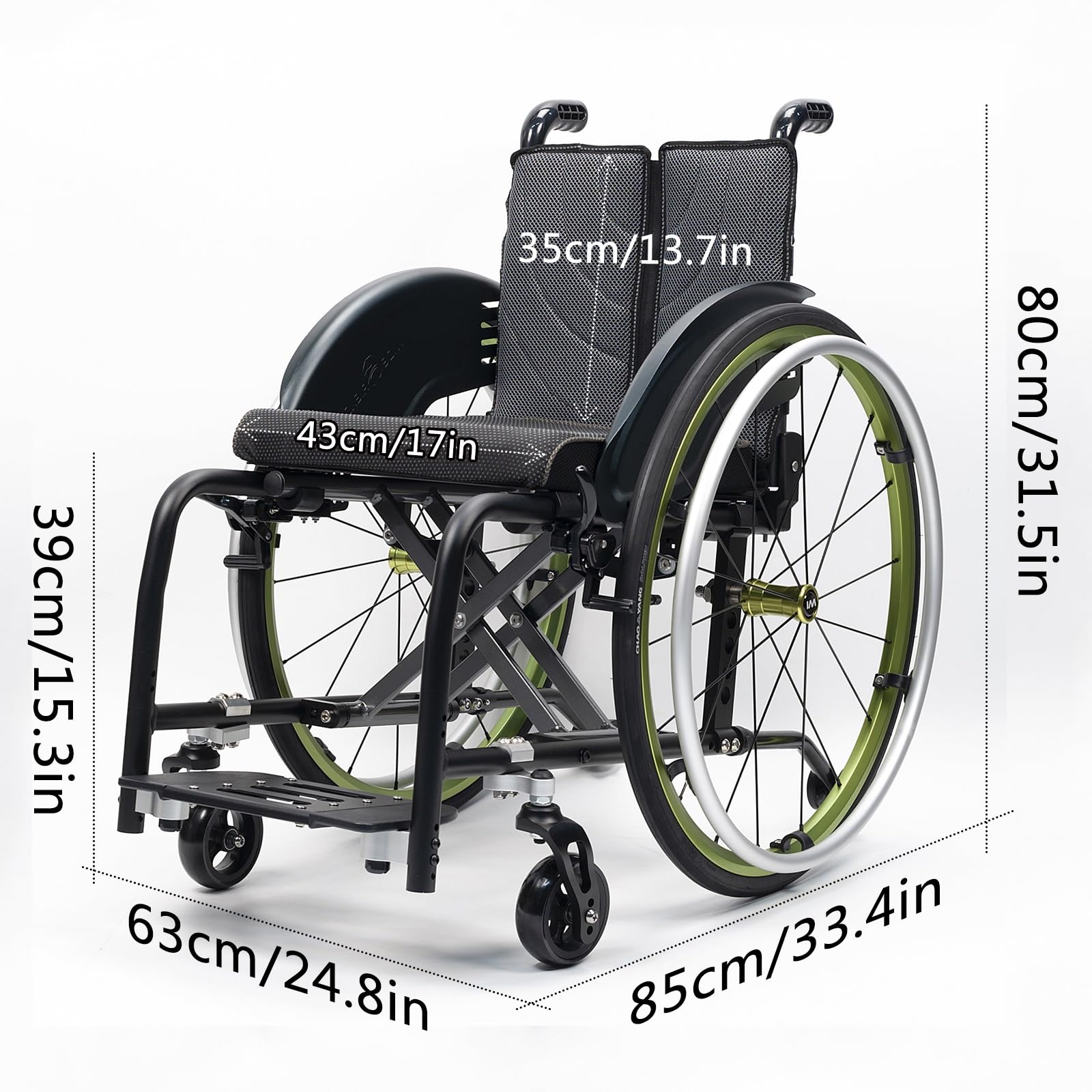 Silla de ruedas manual ligera, silla de ruedas deportiva ultraligera portátil todo terreno, silla de ruedas plegable, sillas de ruedas de transporte con antivuelco(Green A,43cm/17in)