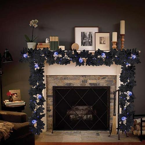 Vista 5 de Guirnalda de arce negro, decoración de Halloween, luces moradas, coronas de arce artificiales para pared, chimenea, exteriores, interiores, patio