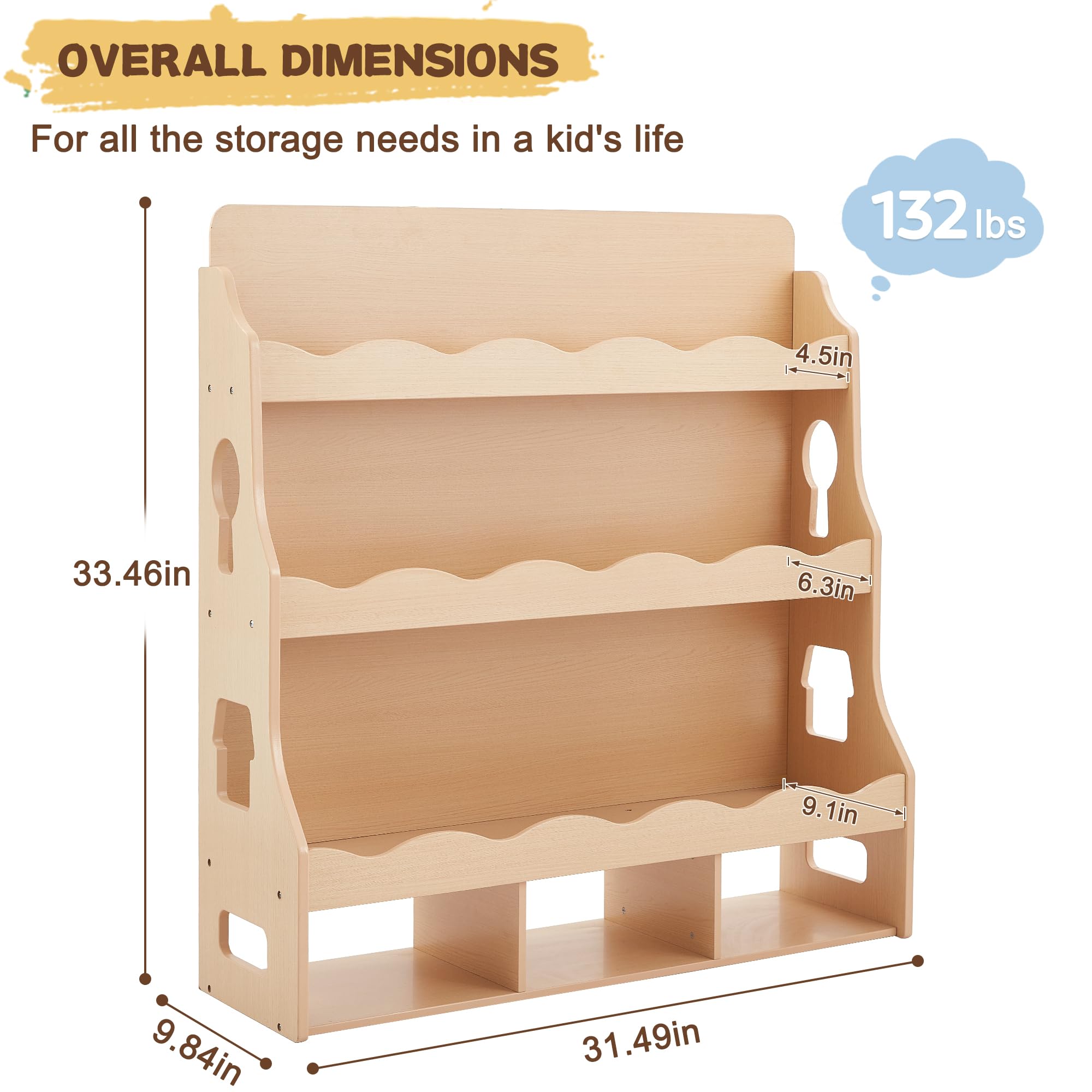 Estantería de madera para niños, estantería para habitaciones infantiles con bordes festoneados, estantería duradera para niños con 3 cubos para libros y juguetes, estantería Montessori para 2