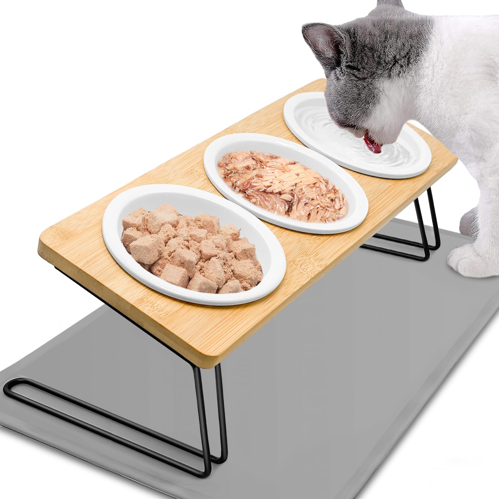 Otauoaea Comedero Gato Elevado Ceramica, 3X Comedero Perro, Comederos para Gatos Inclinado 15° Ceramica con Soporte de Bambú y Antideslizante Alfombrilla, Comederos y Bebederos para Gatos y Perros