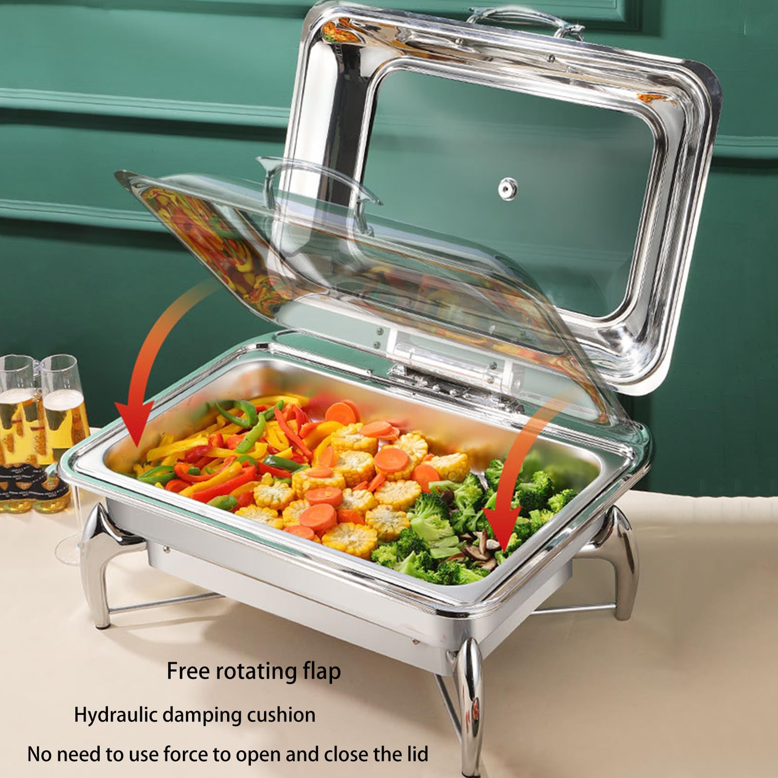 Ensemble de plats rectangulaires en acier inoxydable de 10 L avec couvercle en verre pour banquet traiteur