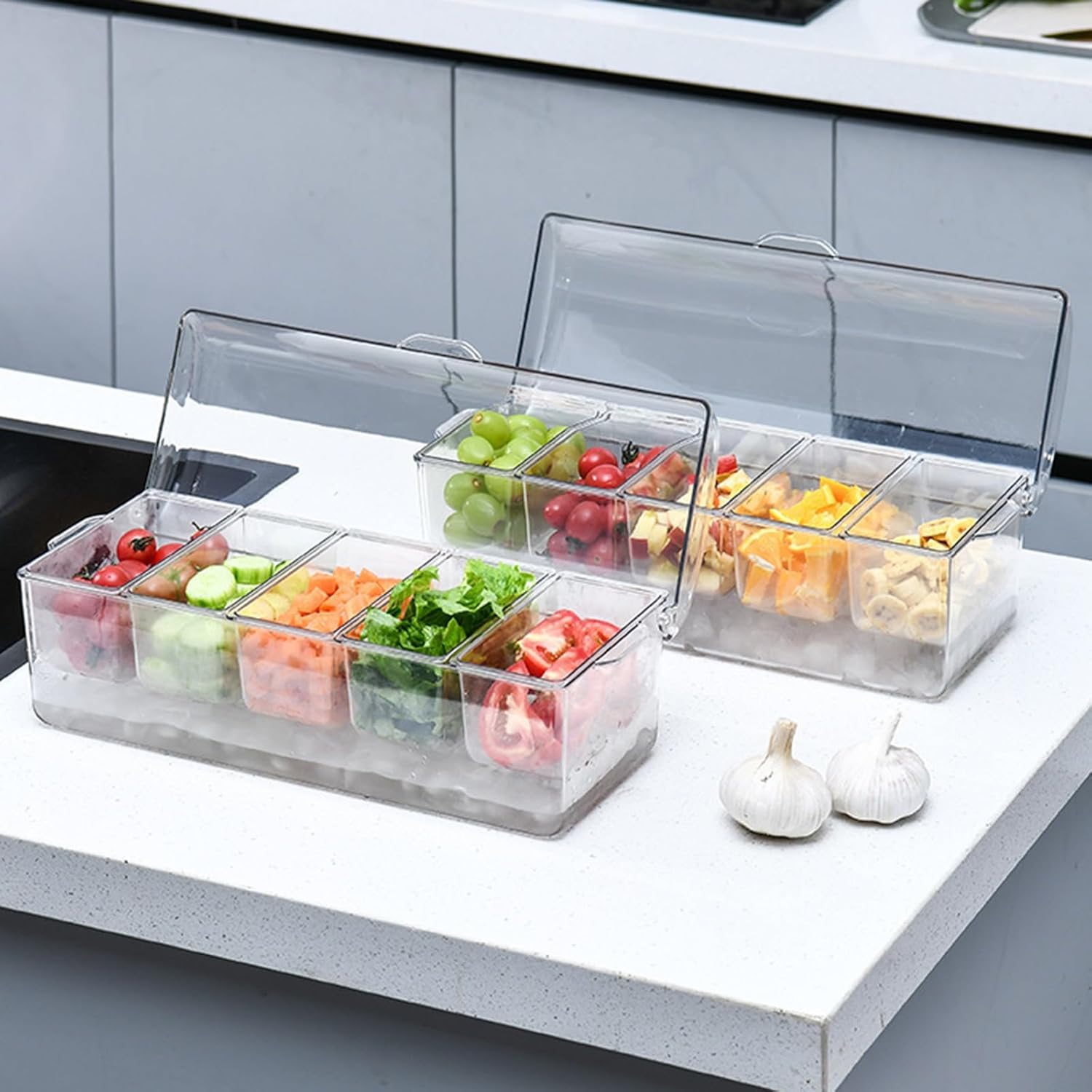 Large Ice Chilled Condiment Server with Lid and 5 Removable Compartment, Airtight Condiment Storage Container, for Spice Sugar Salt Pepper Herb Tea(2pcs)