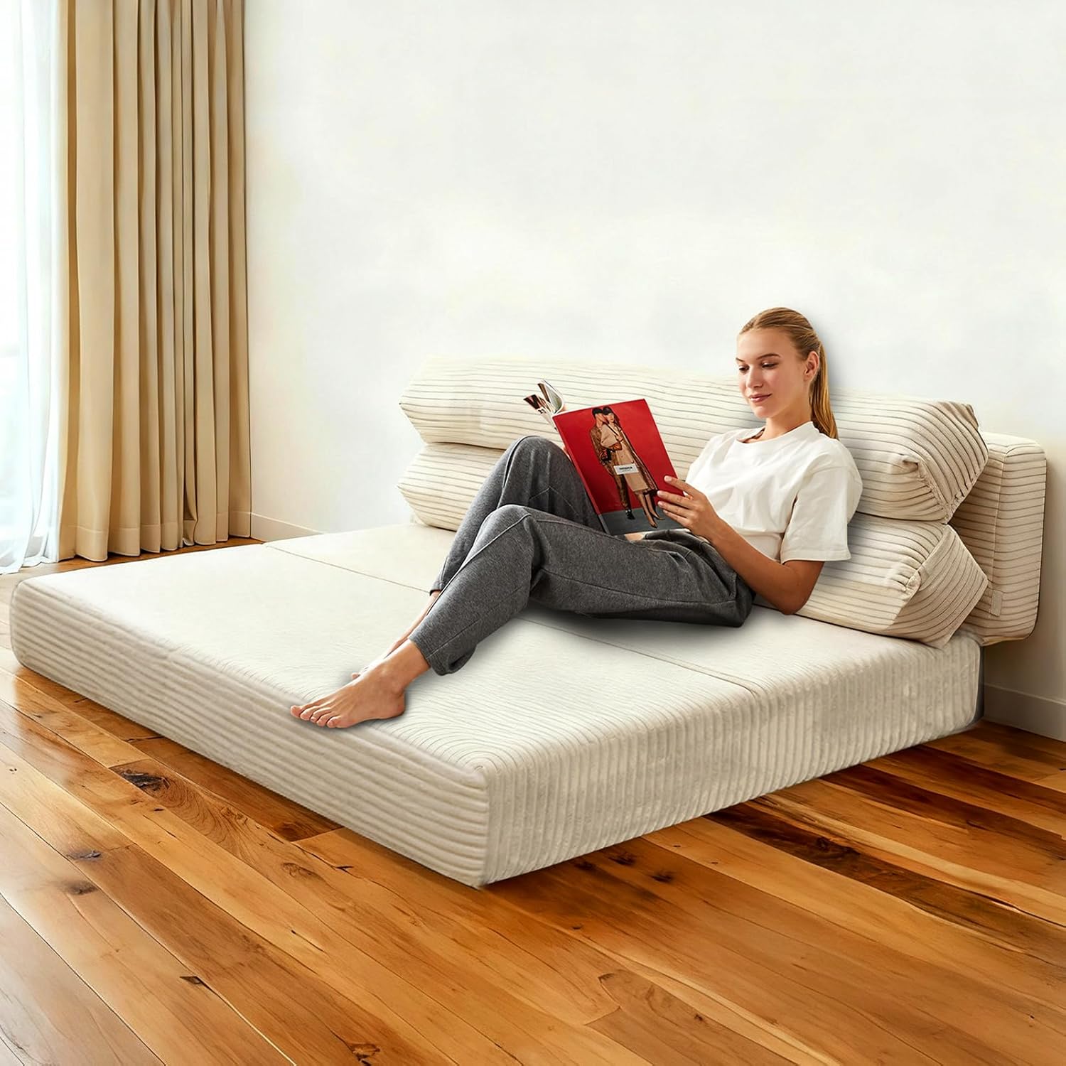 Convertible Sofa Bed, Folding Sofa Bed Couch, Pallout Floor Couch, Convertible Futon Chair Beds, Floor Teddy Sofas, Mini Couch for Bedroom, Love Seat Sleeper Beds(Beige White,51.1"×39.3"×23.6")