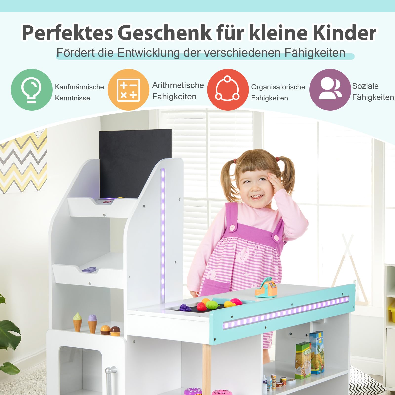 COSTWAY Kaufladen Kinder mit Einkaufswagen, Einkaufsladen Holz mit Kasse & 39 Zubehör & Tafel & LED-Lichter & Fernbedienung, Supermarkt Spielzeug für Kinder ab 3 Jahren