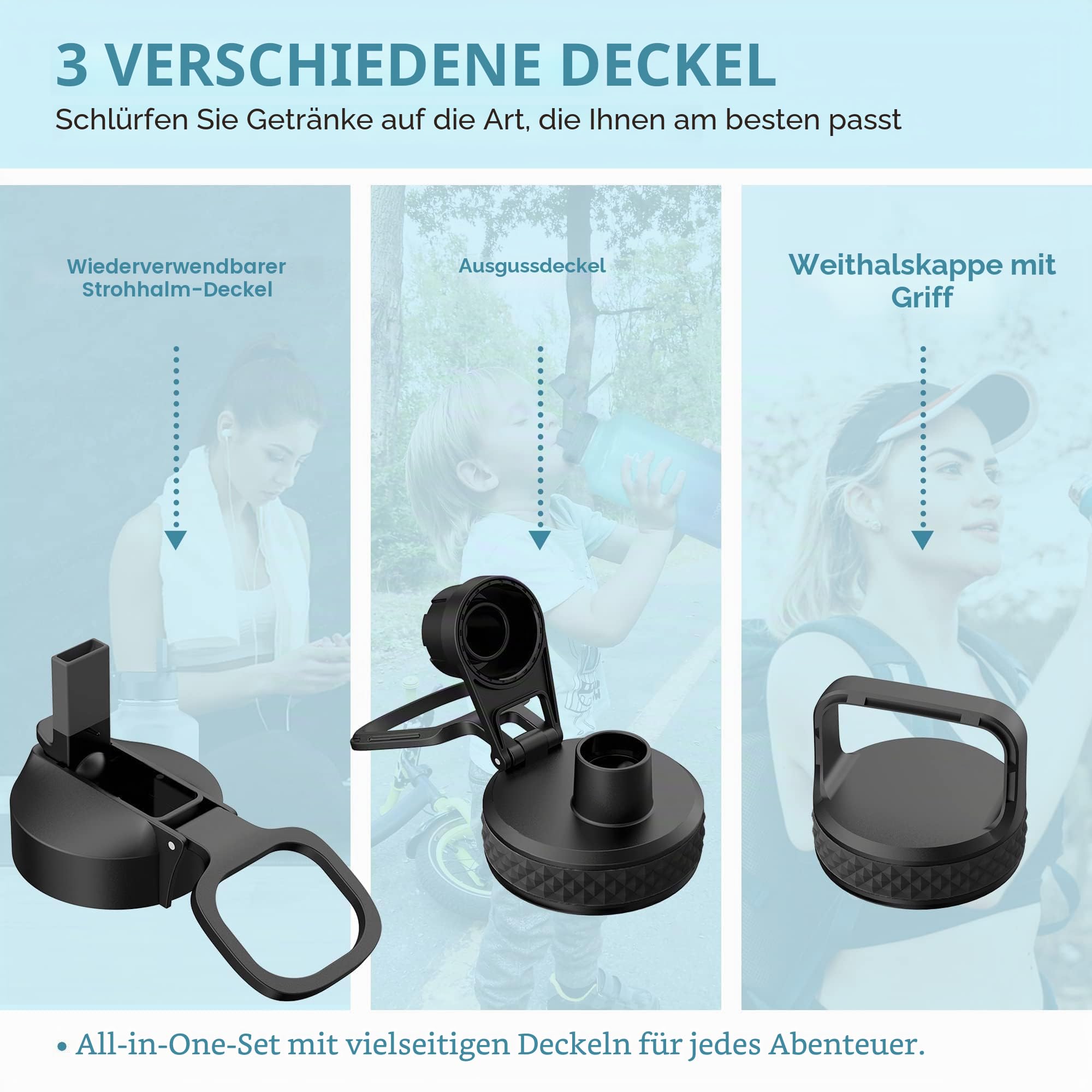 Coolflask Isolierte Wasserflasche, Doppeltes Vakuum Auslaufsicher, Leicht zu reinigen, Wasserflasche mit Strohhalm, 3 Deckeln, Thermosflaschen aus Edelstahl für Sport Büro, 3785 ml, Indigo Schwarz