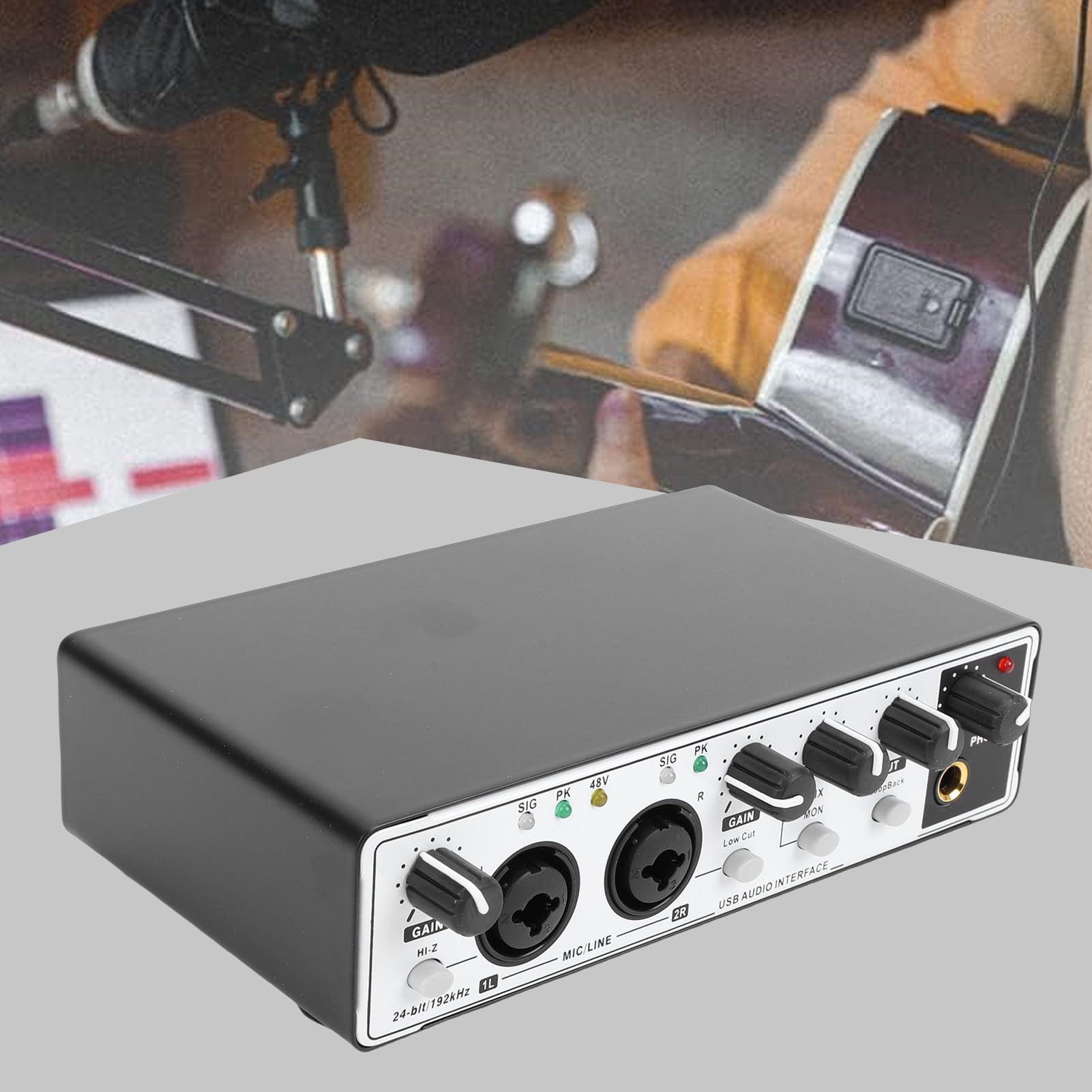 Annadue Interfaz de Audio USB C para Grabación, Streaming y Podcasting con 2 Entradas XLR/TRS, 24 Bits/192 KHz, Alimentación Fantasma de 48 V (blanco negro)