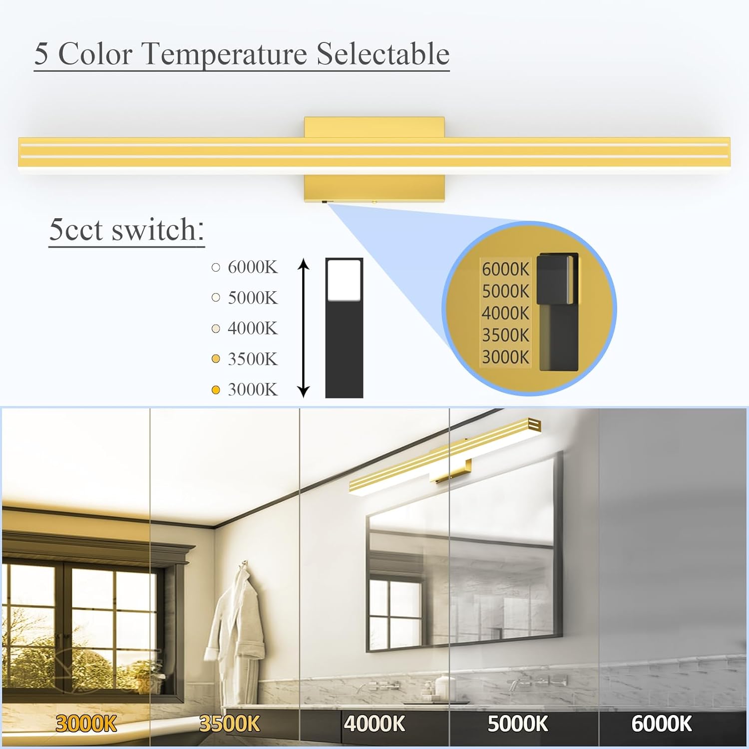 Ralbay 40inch Gold Vanity Light with 5 Color Temperature (2700K-6000K) Dimmable Acrylic Metal 36W LED Modern Matte Gold Bathroom Lighting Over Mirror