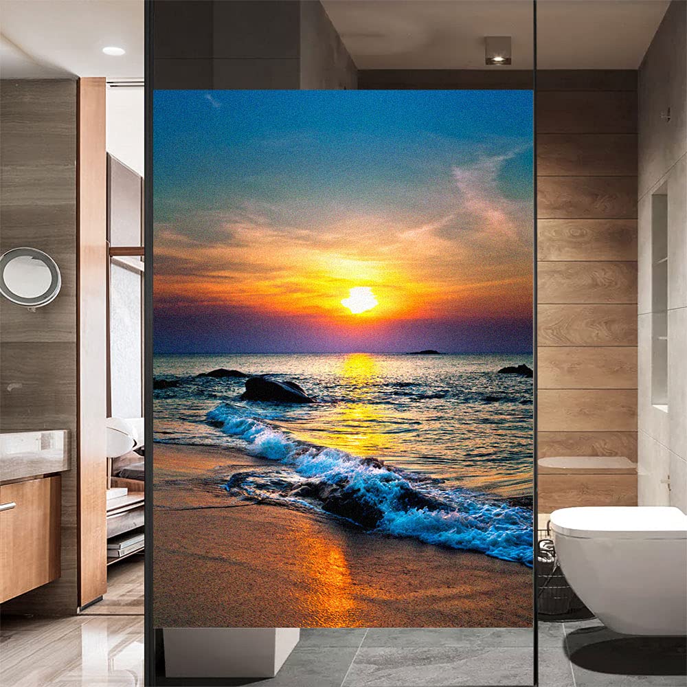 Window Film Privacy Frosted Beach Seascape Static Cling Window Stickers No Glue Window Clings UV Blocking Heat Control Window Coverings for Home/Office 23.62"x47.24"(60x120cm)