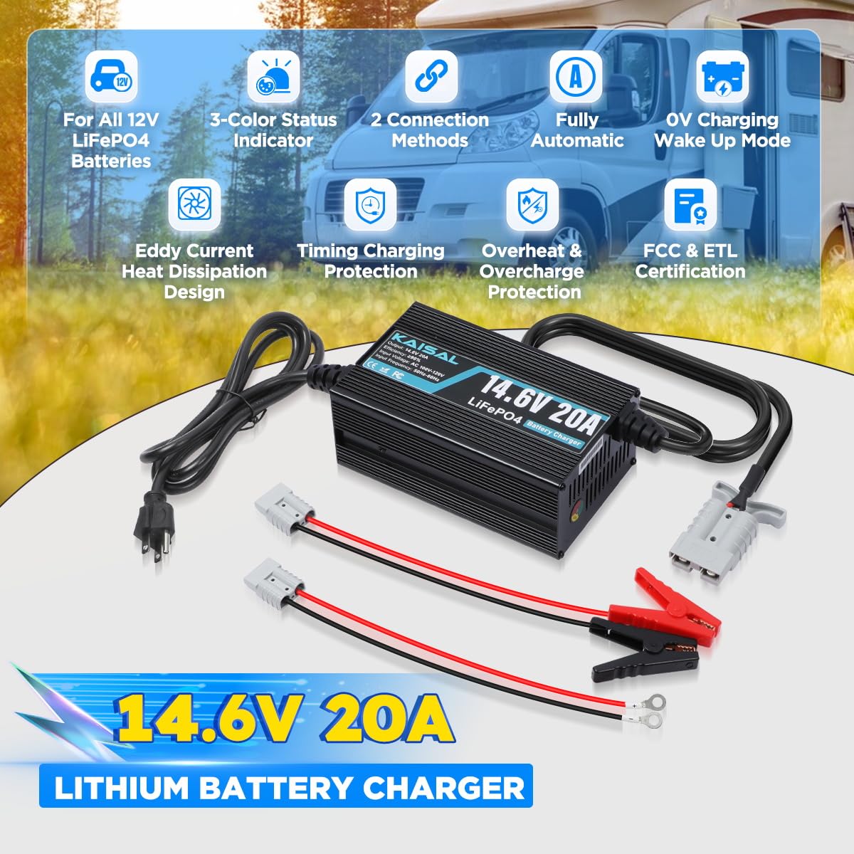 14.6V 20A LiFePO4 Battery Charger For 12V Lithium Batteries - With Anderson Connector, Fan Cooling, Multiple Protections