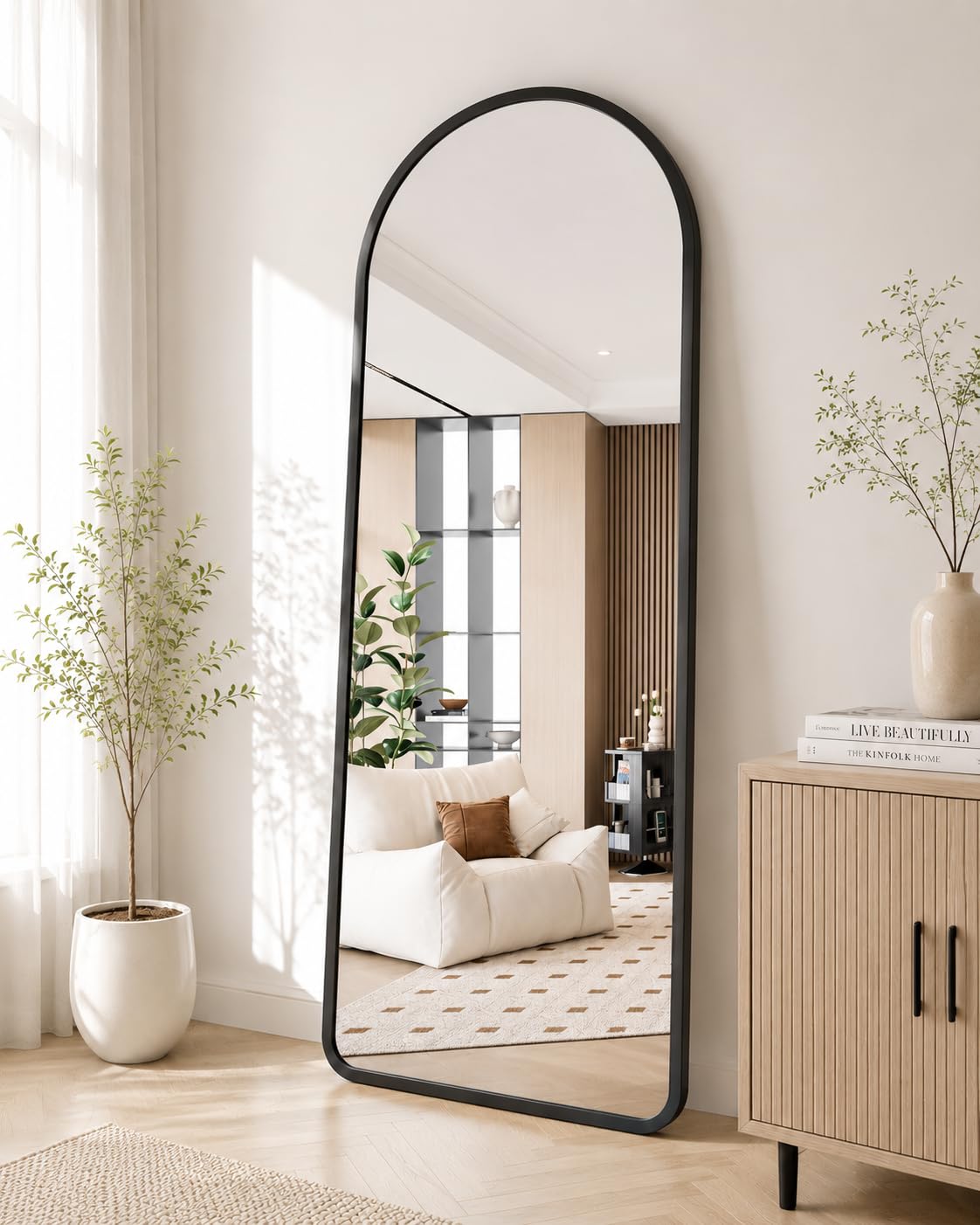 Large Arched Full Length Mirror 165 cm x 60 cm, Aluminium Frame, Wall Mounted or Standing Floor Mirror for Bedroom, Hallway & Living Room - Gold or Black (Black)