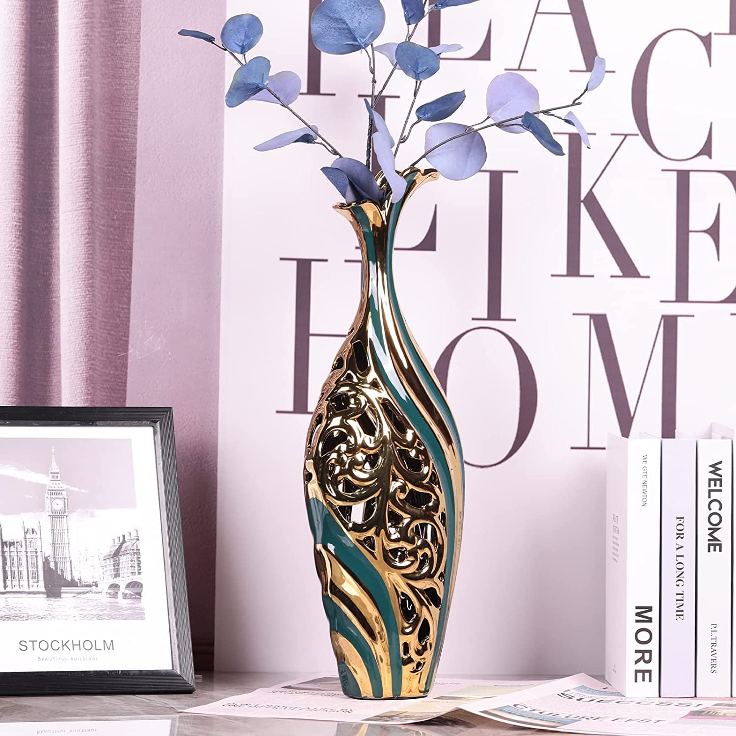 Amazon.co.jp: 19インチ フロア花瓶 グリーンとゴールドのセラミック