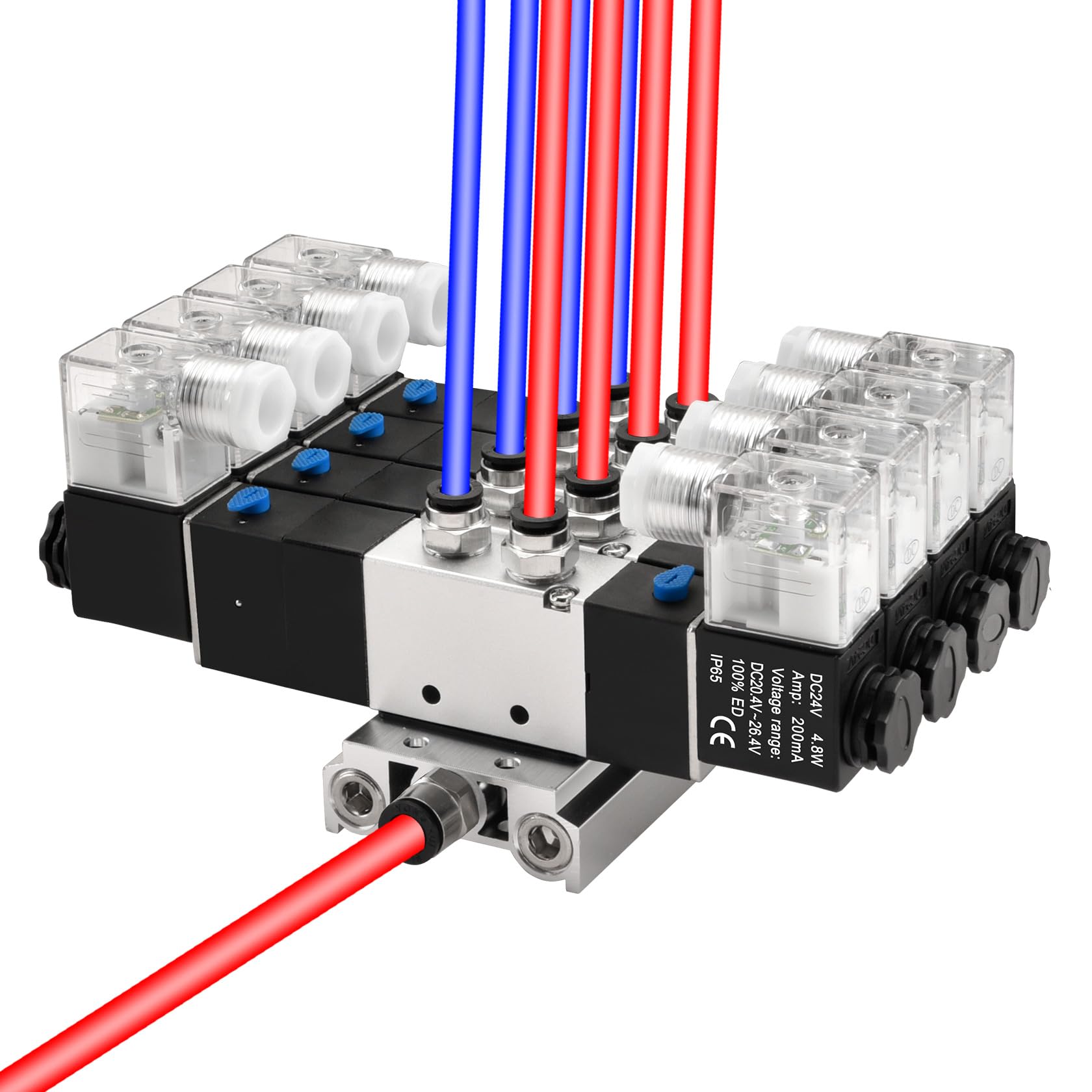 Heschen Elektryczny pneumatyczny 4 zawór elektromagnetyczny, 4V230C-08, 24VDC, PT1/4, 5-drożny 3-pozycyjny, podstawa kolektora, tłumik, zestaw szybkozłączek, CE