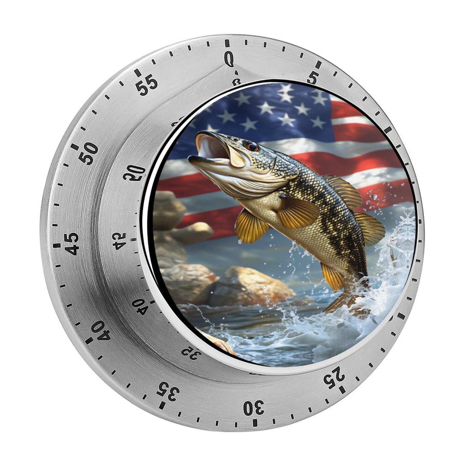 Bass Fish American Flag Patriotic 60 Minute Wind Up Timer,Visual Mechanical Magnetic Timer with Loud Alarm for Kitchen