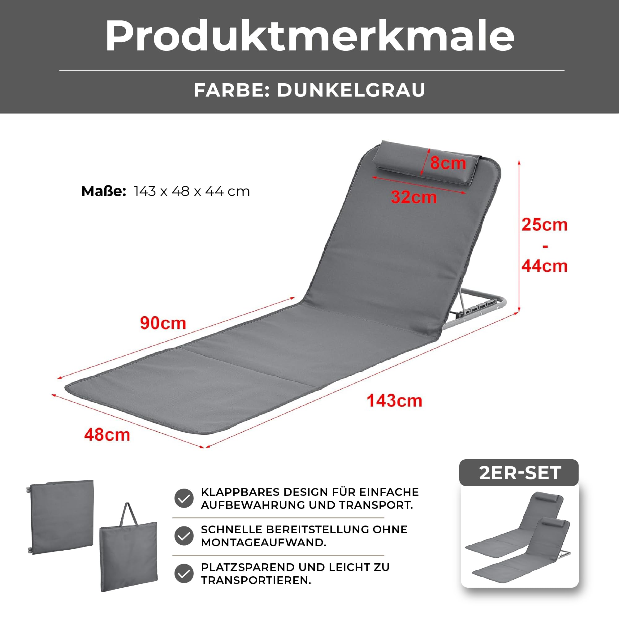 [en.casa] Strandmatte Donostia 2er Set Sonnenmatte klappbar Dunkelgrau Strandliege mit Verstellbarer Rückenlehne Liegematte mit Tragetasche 143 x 48 cm