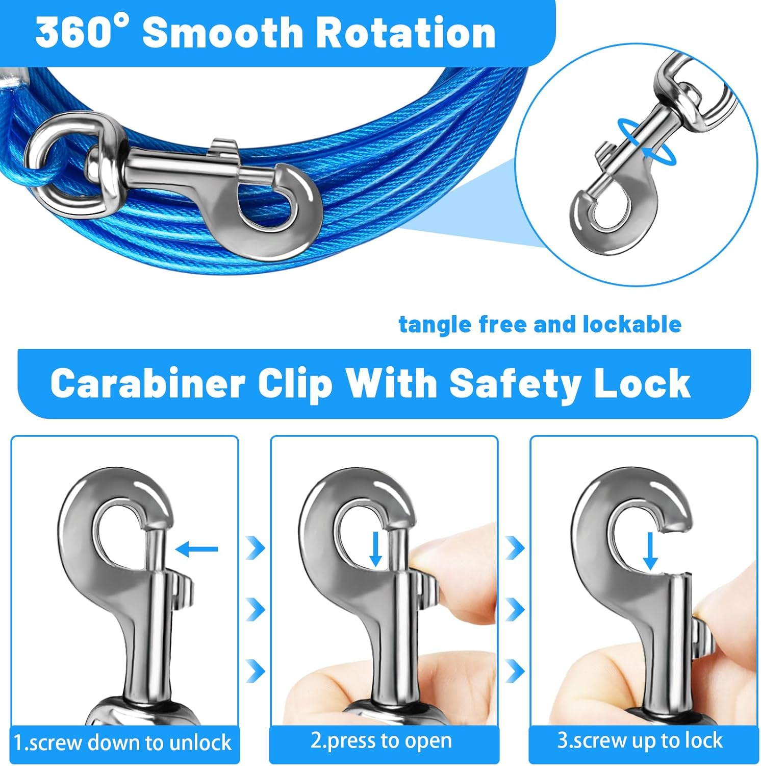 Dog Tie Out Cable 10/15/20/25/30/50 FT Dog Runner for Yard Steel Wire Dog Cable with Durable Superior Clips Blue Dog Chains for Outside Dog Lead for Large Dogs Up to 165 lbs