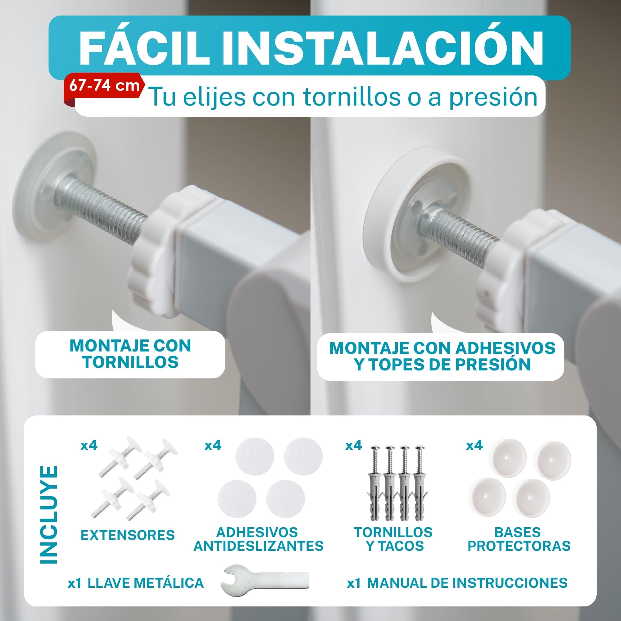 ALMAR Baby Barrera de Seguridad 67-74cm Blanco | Facil Montaje sin Tornillos para Puertas, Pasillos o Escalera para Niños o Mascotas | Valla Blanca con Sitema de Cierre Automático Giro Ambos Lados