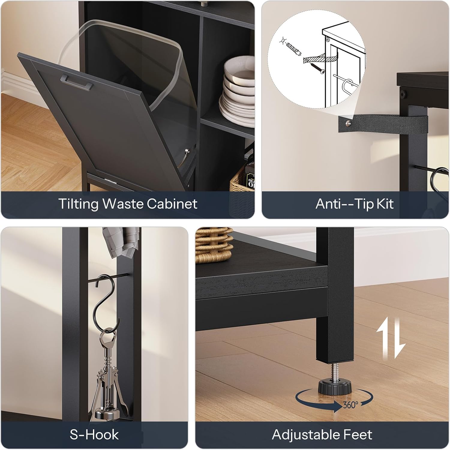 HOOBRO Bakers Rack with Power Outlet, Microwave Stand with Trash Can Bin Cabinet, 5-Tier Kitchen Storage Shelf Cabinet, Tall Coffee Bar Table Station for Dining Room, Living Room, Black BB50UHB01