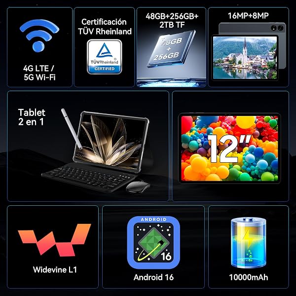 Visita la tienda de TABWEE TABWEE T60 Tablet 12 Pulgadas con Teclado - Android 16, 48 GB+256 GB, 10000 mAh, 16 MP+8 MP, 1600 * 2400 FHD+, Widevine L1, Gemini AI 3.1 Pro, Face ID, GPS, Tablet 4G LTE (4 Años de Garantía) in use