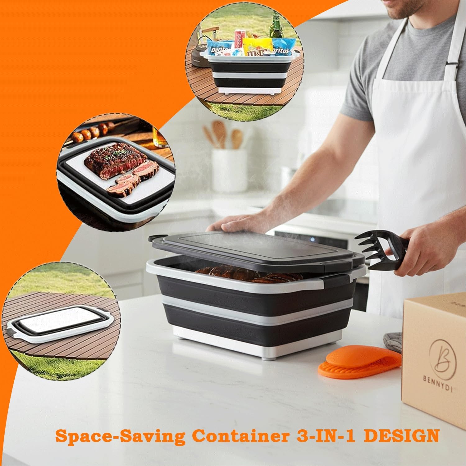 BBQ Prep Tub | Meat Prep Tub with Locking Lid, 2 Meat Shredder Claws & BBQ Mitts Collapsible with Cutting Board, Drain Plug Portable for Camping & Grill Design Picnic,Marinating Meat,Easter Gift