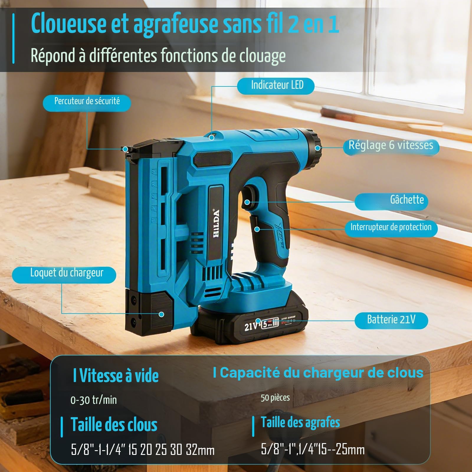 Cloueuse Sans Fil Électrique - Cloueuse et Agrafeuse 2-en-1 avec 2 Batteries 2.0Ah - 2000 Clous et Agrafes Inclus - Réglage Profondeur pour Travail du Bois Bricolage
