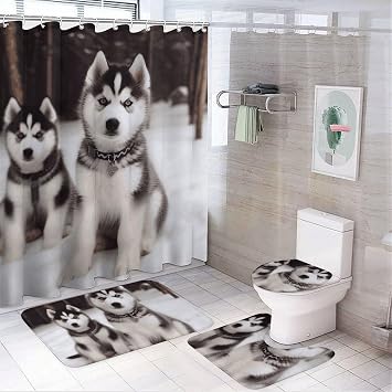 Shower Curtain Sets 4 Pcs Adorable Huskies Bathroom Sets with Toilet Lid Cover and Non-Slip Rugs and Bath Mat Shower Curtain for Bathroom Decor Bath Accessories for Tub