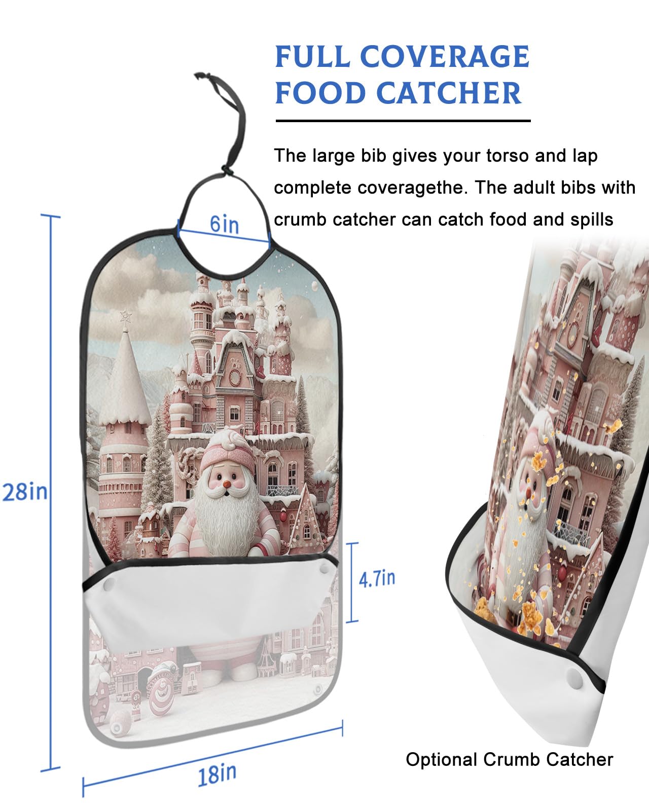 Blush Pink Santa Adult Bib for Eating with Crumb Catcher, Christmas Winter House Home Washable & Waterproof Terry Cloth Adjustable Elderly Women Men Adult Bibs Funny Apron Reusable Clothing Protector