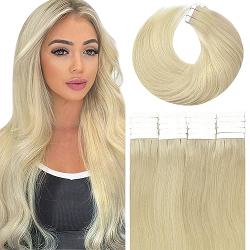 Lacer Extensiones de cabello humano real con cinta en rubio platino, sin costuras, doble cara, lacio, natural, grueso, para mujeres, 18 pulgadas, 20