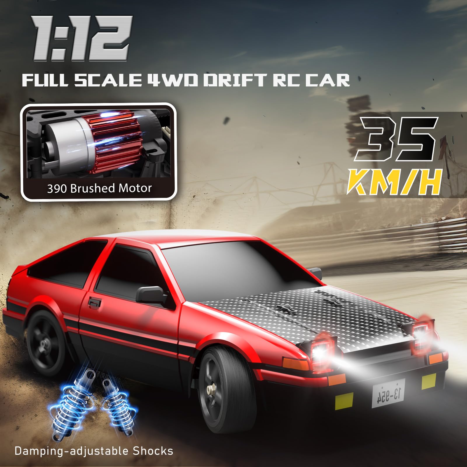 RC Drift Car, 1:12 Full Scale Fast RC Cars with Gyroscope, 2.4GHz 35KM/H High Speed Performance Remote Control Car, RTR 4WD Drift Racing Vehicle with Lights Adults Boys Gift, 2 Rechargeable Batteries