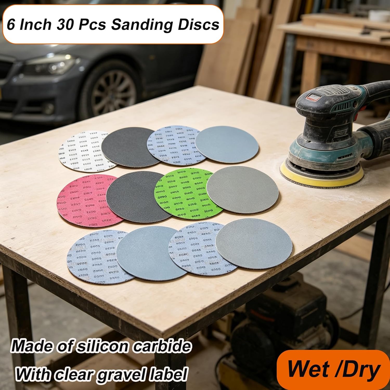 30PCS 6 Inch No‑Hole Wet Dry Sanding Discs, Hook and Loop 1000‑5000 Mixed Grit Silicon Carbide Sandpaper for DA/Orbital Sander, Fine Polishing for Automotive, Metal, Resin image 3