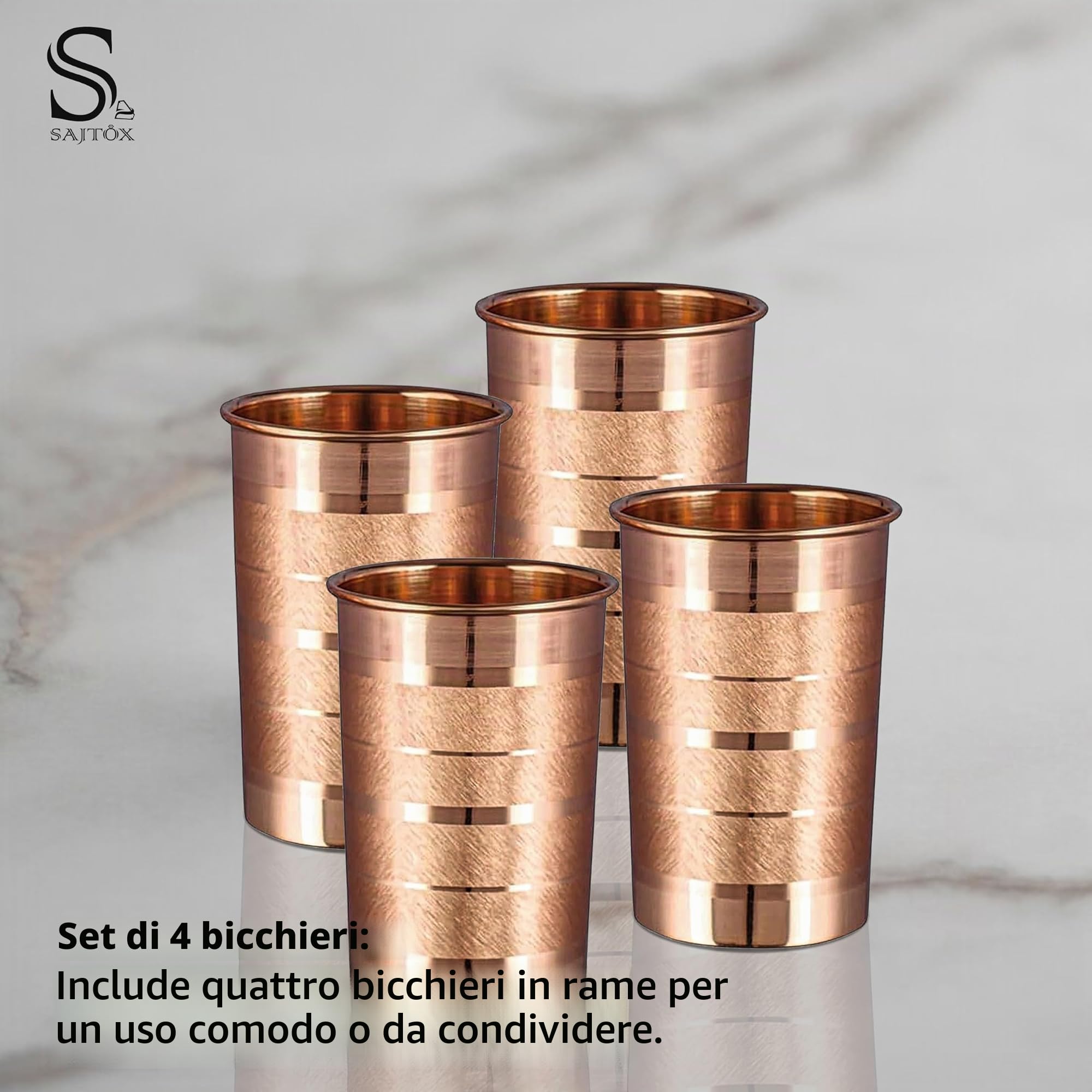 Bicchiere in rame puro per acqua potabile, set di tazze in rame per benefici per la salute dell'Ayurveda - 312 ml (11 oz) ciascuno (set di 4)