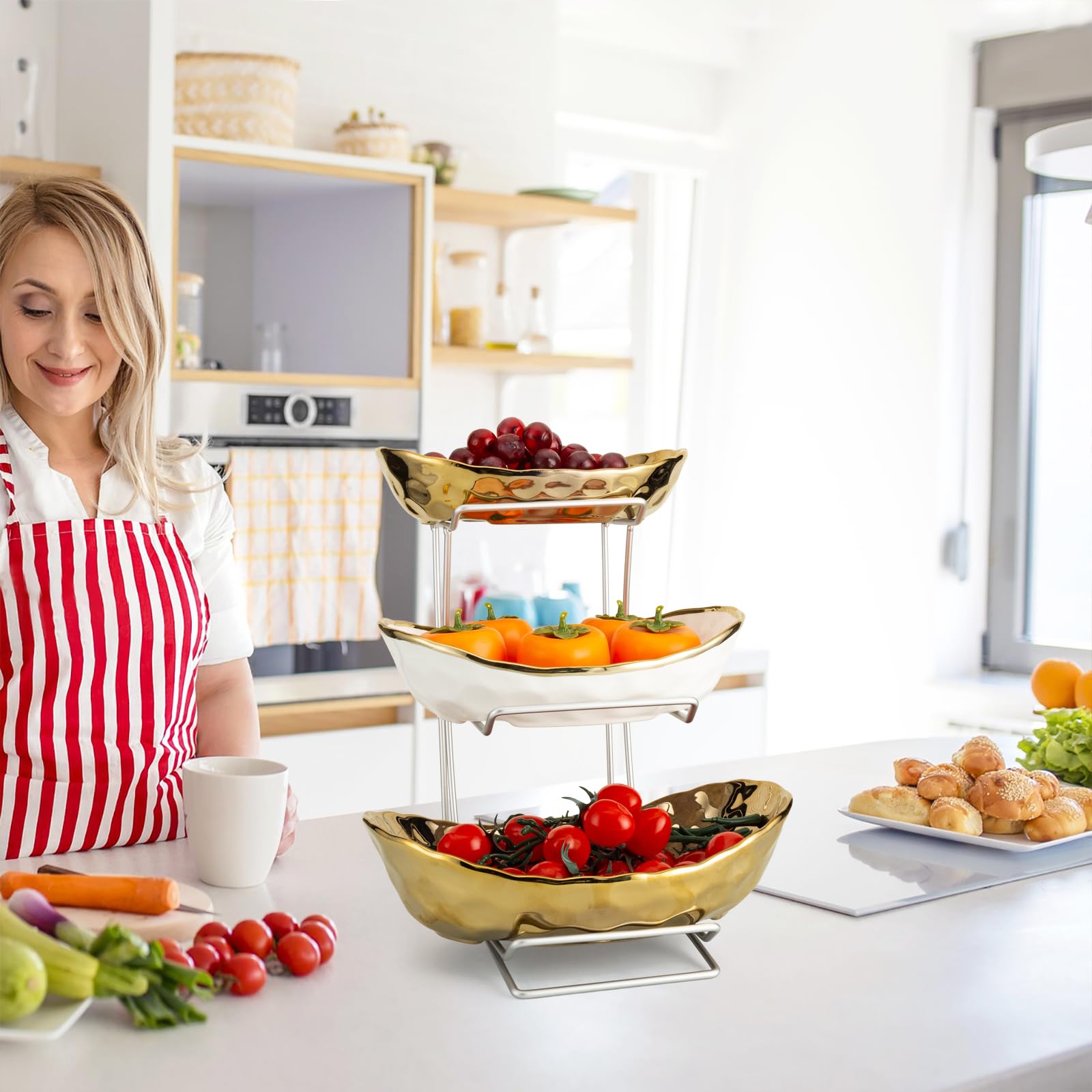 jessie Corbeille à fruits en céramique à 3 niveaux pour comptoir de cuisine avec support en métal, bols à fruits avec support, bols en porcelaine pour fruits, légumes, pain, bonbons, casse-croûtes,