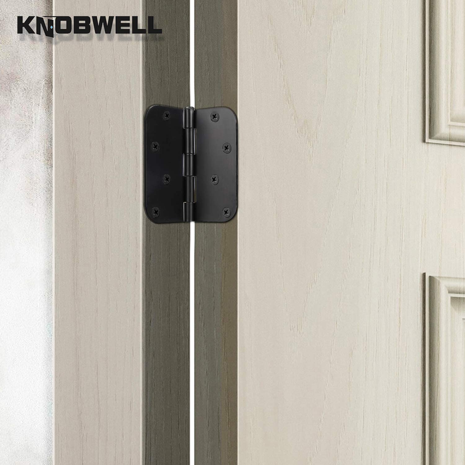 KNOBWELL Zawiasy drzwiowe, matowe, czarne, 10 cm, zawiasy do drzwi wewnętrznych, 4 x 4 zaokrąglone narożniki, wytrzymałe zawiasy drzwiowe
