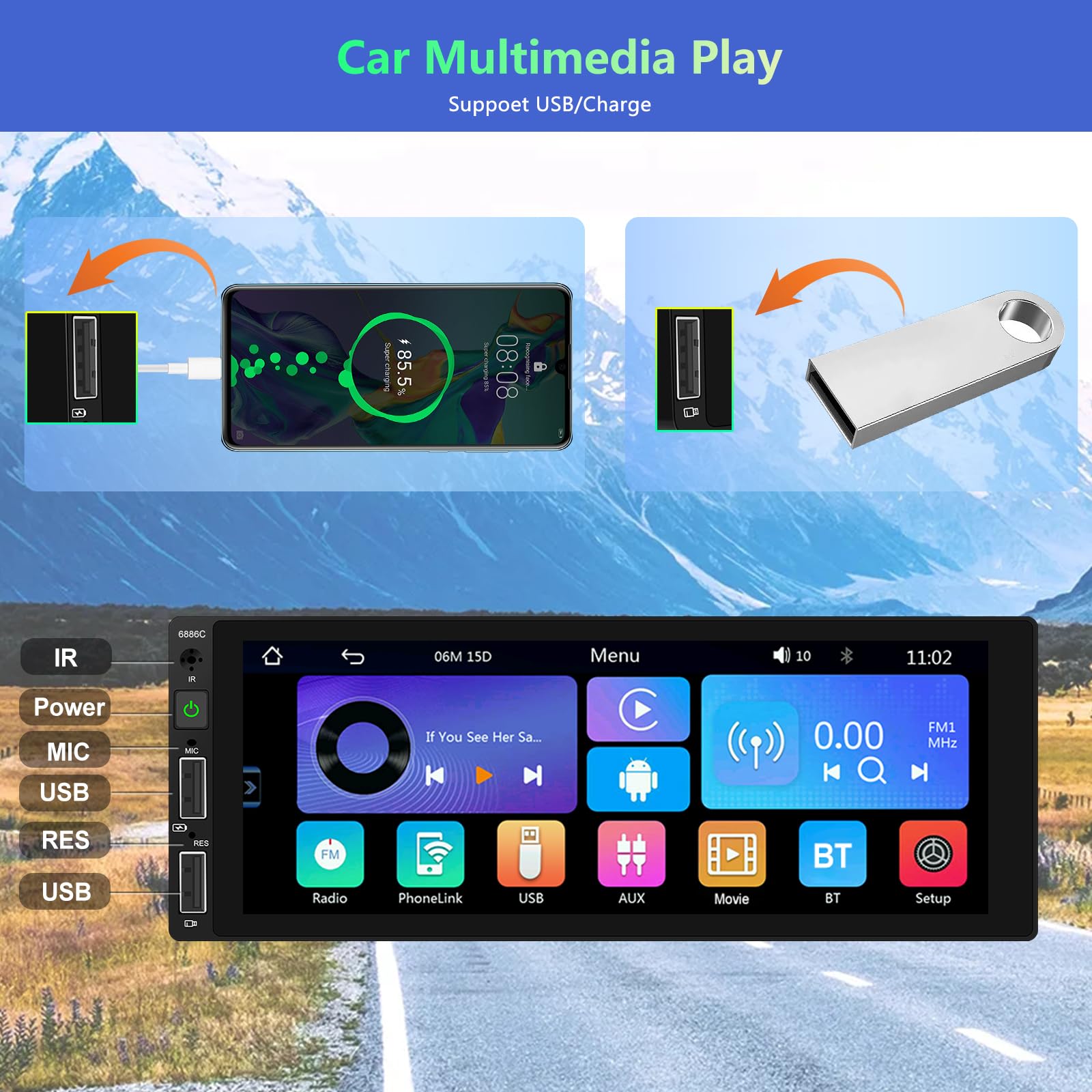 Podofo Autoradio 1 Din avec CarPlay Android Auto, Écran Tactile de 6.86 Pouces Bluetooth Radio avec FM Lien Miroir + AHD Caméra de Recul&Mic