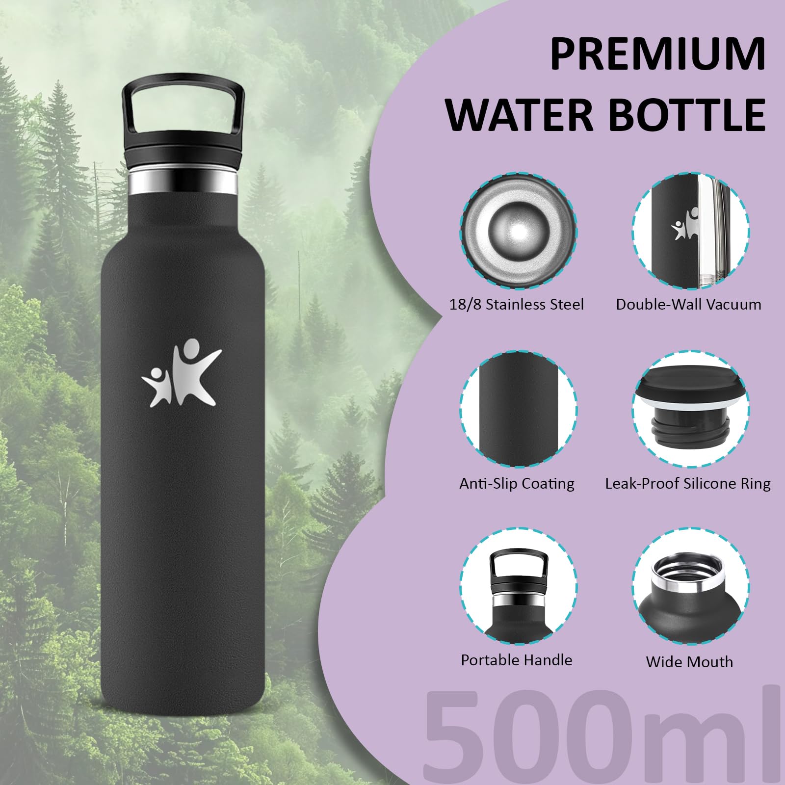 Botella De Agua De Acero Inoxidable 500ml - A Prueba De Fugas, Mantiene Frío 24h/calor 12h